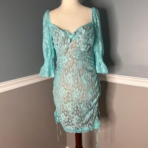 Delias X Dolls Kill Aqua Blue Floral Lace Ruched Mini Dress Puff Sleeve  L